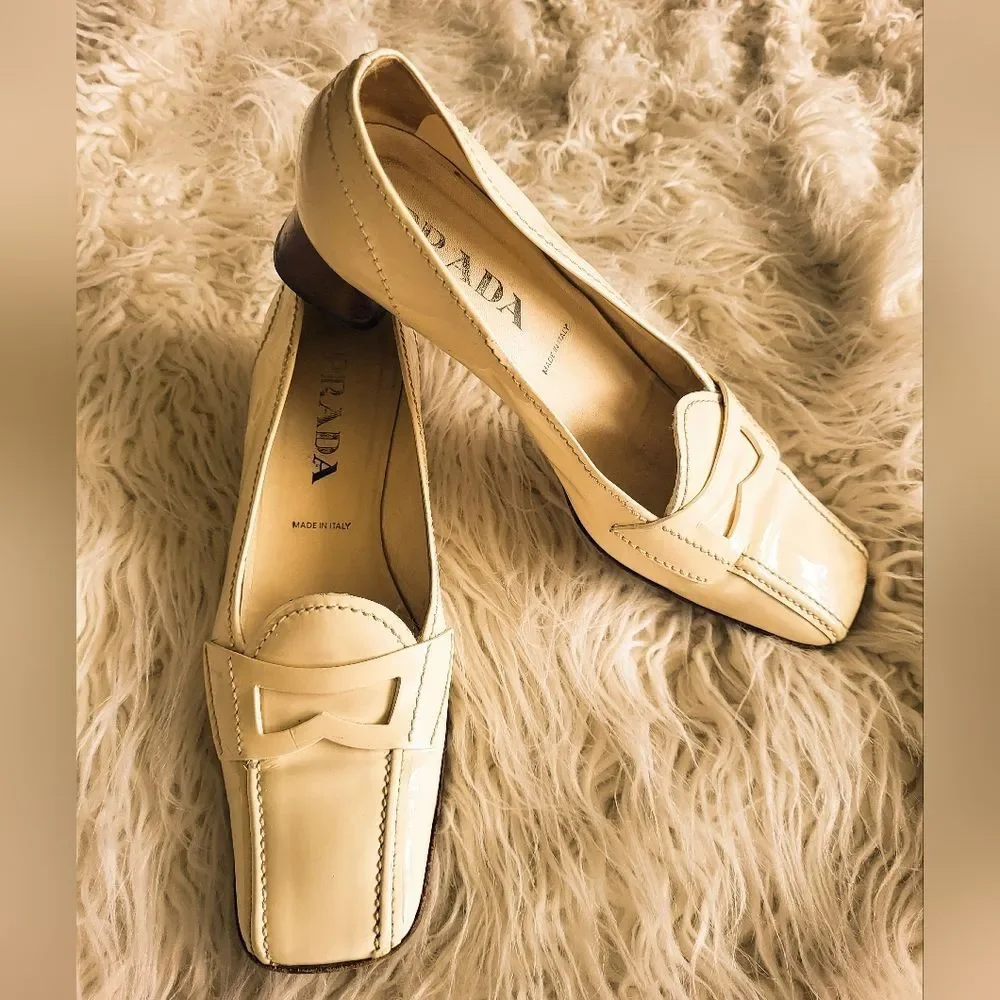 Vintage Prada Ivory Patent Leather Square-Toe Loafers Size 37